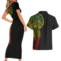 Hawaiian Traditional Tattoos Couples Matching Short Sleeve Bodycon Dress and Hawaiian Shirt Kakau Tribal Tropical Plant Motif Kanaka Maoli Flag Color Inspired