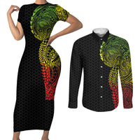 Hawaiian Traditional Tattoos Couples Matching Short Sleeve Bodycon Dress and Long Sleeve Button Shirt Kakau Tribal Tropical Plant Motif Kanaka Maoli Flag Color Inspired
