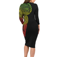 Hawaiian Traditional Tattoos Family Matching Long Sleeve Bodycon Dress and Hawaiian Shirt Kakau Tribal Tropical Plant Motif Kanaka Maoli Flag Color Inspired