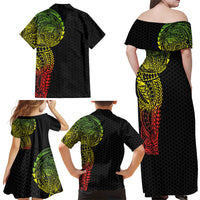 Hawaiian Traditional Tattoos Family Matching Off Shoulder Maxi Dress and Hawaiian Shirt Kakau Tribal Tropical Plant Motif Kanaka Maoli Flag Color Inspired