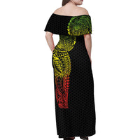 Hawaiian Traditional Tattoos Family Matching Off Shoulder Maxi Dress and Hawaiian Shirt Kakau Tribal Tropical Plant Motif Kanaka Maoli Flag Color Inspired