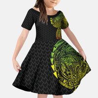 Hawaiian Traditional Tattoos Family Matching Off Shoulder Short Dress and Hawaiian Shirt Kakau Tribal Tropical Plant Motif Kanaka Maoli Flag Color Inspired