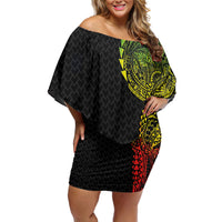 Hawaiian Traditional Tattoos Family Matching Off Shoulder Short Dress and Hawaiian Shirt Kakau Tribal Tropical Plant Motif Kanaka Maoli Flag Color Inspired