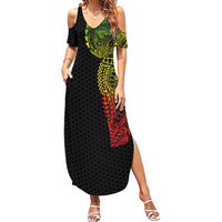 Hawaiian Traditional Tattoos Family Matching Summer Maxi Dress and Hawaiian Shirt Kakau Tribal Tropical Plant Motif Kanaka Maoli Flag Color Inspired