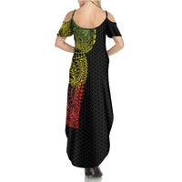 Hawaiian Traditional Tattoos Family Matching Summer Maxi Dress and Hawaiian Shirt Kakau Tribal Tropical Plant Motif Kanaka Maoli Flag Color Inspired