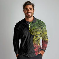 Hawaiian Traditional Tattoos Long Sleeve Polo Shirt Kakau Tribal Tropical Plant Motif Kanaka Maoli Flag Color Inspired
