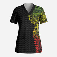Hawaiian Traditional Tattoos Scrub Top Kakau Tribal Tropical Plant Motif Kanaka Maoli Flag Color Inspired