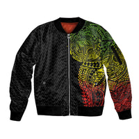 Hawaiian Traditional Tattoos Sleeve Zip Bomber Jacket Kakau Tribal Tropical Plant Motif Kanaka Maoli Flag Color Inspired