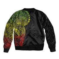 Hawaiian Traditional Tattoos Sleeve Zip Bomber Jacket Kakau Tribal Tropical Plant Motif Kanaka Maoli Flag Color Inspired
