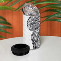 Hawaiian Traditional Tattoos 4 in 1 Can Cooler Tumbler Kakau Tribal Tropical Plant Motif White Color