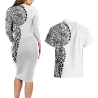 Hawaiian Traditional Tattoos Couples Matching Long Sleeve Bodycon Dress and Hawaiian Shirt Kakau Tribal Tropical Plant Motif White Color