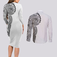 Hawaiian Traditional Tattoos Couples Matching Long Sleeve Bodycon Dress and Long Sleeve Button Shirt Kakau Tribal Tropical Plant Motif White Color