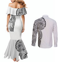 Hawaiian Traditional Tattoos Couples Matching Mermaid Dress and Long Sleeve Button Shirt Kakau Tribal Tropical Plant Motif White Color