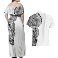 Hawaiian Traditional Tattoos Couples Matching Off Shoulder Maxi Dress and Hawaiian Shirt Kakau Tribal Tropical Plant Motif White Color