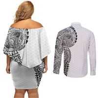 Hawaiian Traditional Tattoos Couples Matching Off Shoulder Short Dress and Long Sleeve Button Shirt Kakau Tribal Tropical Plant Motif White Color