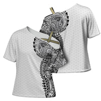 Hawaiian Traditional Tattoos Cross Shoulder Shirt Kakau Tribal Tropical Plant Motif White Color