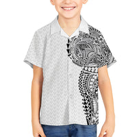 Hawaiian Traditional Tattoos Family Matching Long Sleeve Bodycon Dress and Hawaiian Shirt Kakau Tribal Tropical Plant Motif White Color