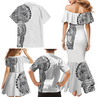 Hawaiian Traditional Tattoos Family Matching Mermaid Dress and Hawaiian Shirt Kakau Tribal Tropical Plant Motif White Color
