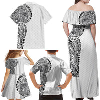 Hawaiian Traditional Tattoos Family Matching Off Shoulder Maxi Dress and Hawaiian Shirt Kakau Tribal Tropical Plant Motif White Color