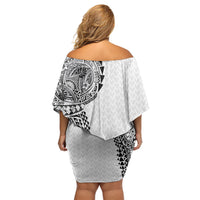 Hawaiian Traditional Tattoos Family Matching Off Shoulder Short Dress and Hawaiian Shirt Kakau Tribal Tropical Plant Motif White Color