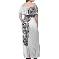Hawaiian Traditional Tattoos Off Shoulder Maxi Dress Kakau Tribal Tropical Plant Motif White Color