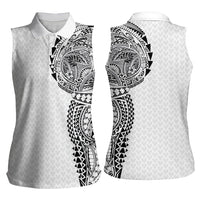Hawaiian Traditional Tattoos Women Sleeveless Polo Shirt Kakau Tribal Tropical Plant Motif White Color