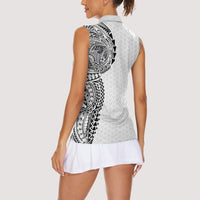 Hawaiian Traditional Tattoos Women Sleeveless Polo Shirt Kakau Tribal Tropical Plant Motif White Color