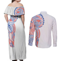 Hawaiian Traditional Tattoos Couples Matching Off Shoulder Maxi Dress and Long Sleeve Button Shirt Kakau Tribal Tropical Plant Motif Hawaii Flag Color Inspired