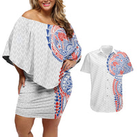 Hawaiian Traditional Tattoos Couples Matching Off Shoulder Short Dress and Hawaiian Shirt Kakau Tribal Tropical Plant Motif Hawaii Flag Color Inspired