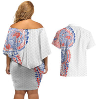 Hawaiian Traditional Tattoos Couples Matching Off Shoulder Short Dress and Hawaiian Shirt Kakau Tribal Tropical Plant Motif Hawaii Flag Color Inspired