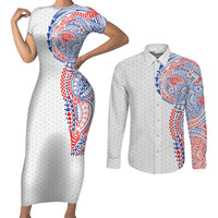 Hawaiian Traditional Tattoos Couples Matching Short Sleeve Bodycon Dress and Long Sleeve Button Shirt Kakau Tribal Tropical Plant Motif Hawaii Flag Color Inspired