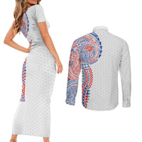 Hawaiian Traditional Tattoos Couples Matching Short Sleeve Bodycon Dress and Long Sleeve Button Shirt Kakau Tribal Tropical Plant Motif Hawaii Flag Color Inspired