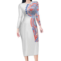 Hawaiian Traditional Tattoos Family Matching Long Sleeve Bodycon Dress and Hawaiian Shirt Kakau Tribal Tropical Plant Motif Hawaii Flag Color Inspired
