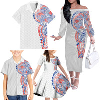 Hawaiian Traditional Tattoos Family Matching Off The Shoulder Long Sleeve Dress and Hawaiian Shirt Kakau Tribal Tropical Plant Motif Hawaii Flag Color Inspired