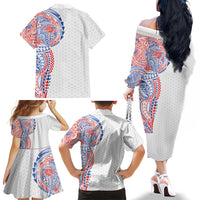 Hawaiian Traditional Tattoos Family Matching Off The Shoulder Long Sleeve Dress and Hawaiian Shirt Kakau Tribal Tropical Plant Motif Hawaii Flag Color Inspired