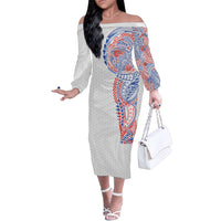 Hawaiian Traditional Tattoos Family Matching Off The Shoulder Long Sleeve Dress and Hawaiian Shirt Kakau Tribal Tropical Plant Motif Hawaii Flag Color Inspired