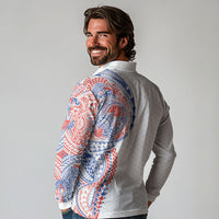 Hawaiian Traditional Tattoos Long Sleeve Polo Shirt Kakau Tribal Tropical Plant Motif Hawaii Flag Color Inspired