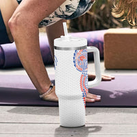 Hawaiian Traditional Tattoos Tumbler With Handle Kakau Tribal Tropical Plant Motif Hawaii Flag Color Inspired