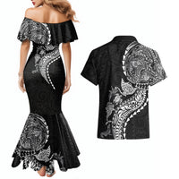 Hawaiian Kakau Tribal Sea Animals Tattoos Couples Matching Mermaid Dress and Hawaiian Shirt Black Color