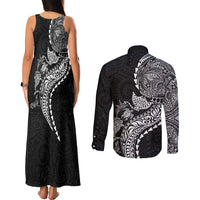 Hawaiian Kakau Tribal Sea Animals Tattoos Couples Matching Tank Maxi Dress and Long Sleeve Button Shirt Black Color