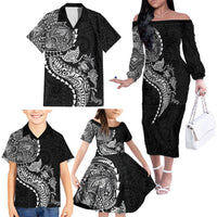 Hawaiian Kakau Tribal Sea Animals Tattoos Family Matching Off The Shoulder Long Sleeve Dress and Hawaiian Shirt Black Color