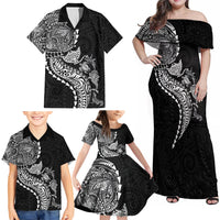 Hawaiian Kakau Tribal Sea Animals Tattoos Family Matching Off Shoulder Maxi Dress and Hawaiian Shirt Black Color