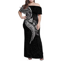 Hawaiian Kakau Tribal Sea Animals Tattoos Family Matching Off Shoulder Maxi Dress and Hawaiian Shirt Black Color