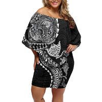 Hawaiian Kakau Tribal Sea Animals Tattoos Family Matching Off Shoulder Short Dress and Hawaiian Shirt Black Color