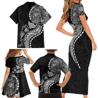 Hawaiian Kakau Tribal Sea Animals Tattoos Family Matching Short Sleeve Bodycon Dress and Hawaiian Shirt Black Color
