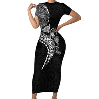 Hawaiian Kakau Tribal Sea Animals Tattoos Family Matching Short Sleeve Bodycon Dress and Hawaiian Shirt Black Color