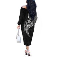 Hawaiian Kakau Tribal Sea Animals Tattoos Off The Shoulder Long Sleeve Dress Black Color