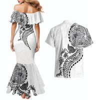 Hawaiian Kakau Tribal Sea Animals Tattoos Couples Matching Mermaid Dress and Hawaiian Shirt White Color