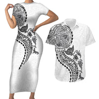 Hawaiian Kakau Tribal Sea Animals Tattoos Couples Matching Short Sleeve Bodycon Dress and Hawaiian Shirt White Color