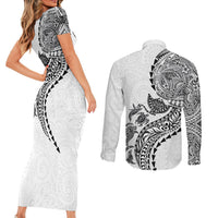 Hawaiian Kakau Tribal Sea Animals Tattoos Couples Matching Short Sleeve Bodycon Dress and Long Sleeve Button Shirt White Color